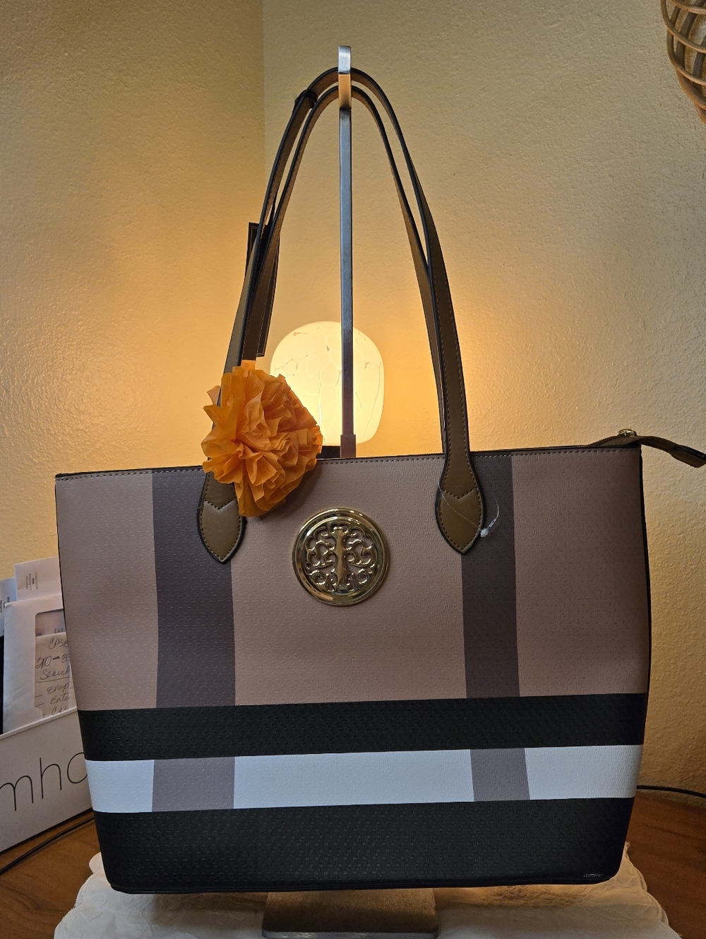 Deluxity Like New Taupe and Black Stripe Tote Bag with Gold Emblem - Picture 8 of 11